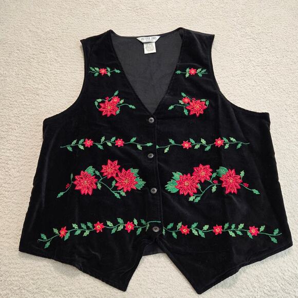 VTG Victoria Jones Black Velvet Christmas Vest Red Floral Embroidered Sz 20W - Picture 1 of 9